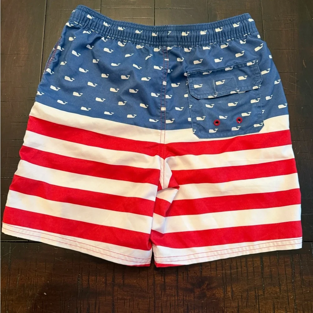 Vineyard Vines Red, White & Blue Whale Stripe Swim Shorts - Boys M (12-14)